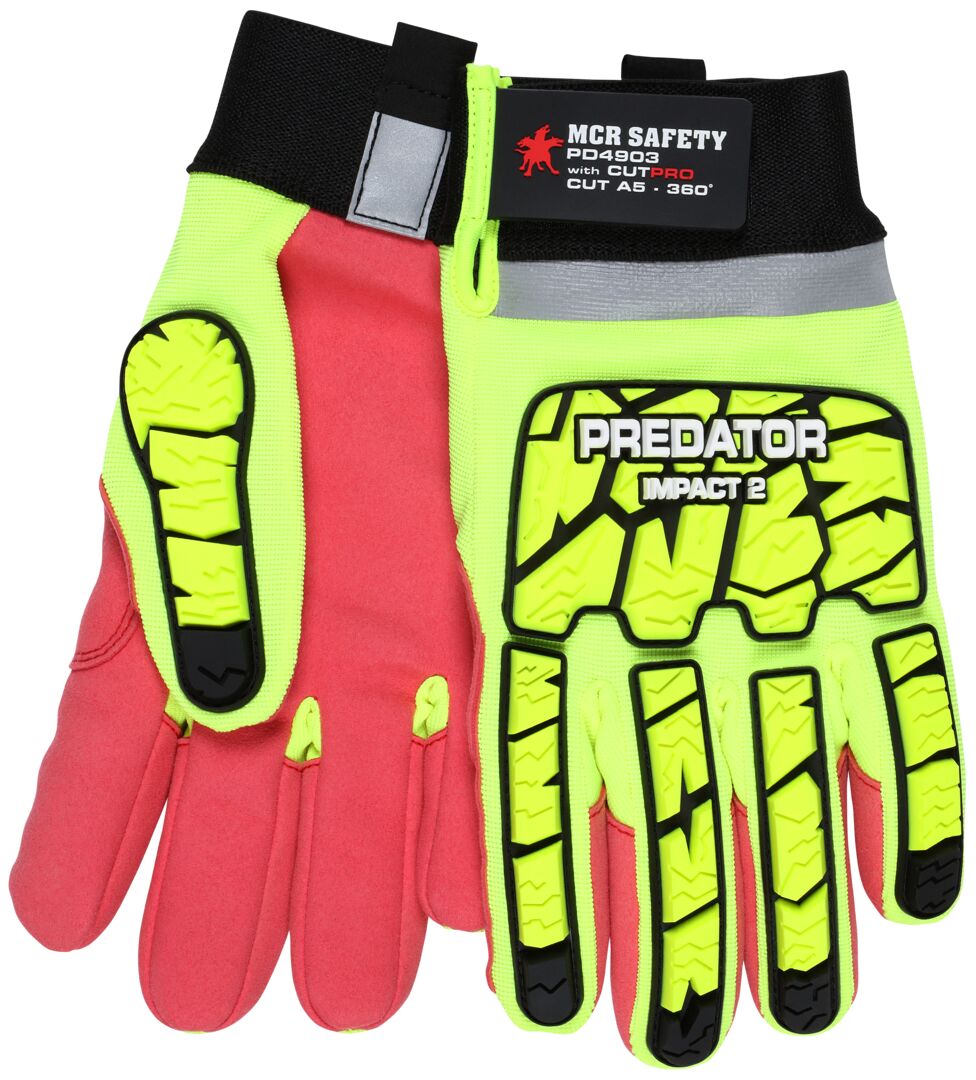 PD4903 - Predator® Impact Mechanics Gloves - Hi-Visibility Leather Palm Work Gloves - TPR Back of Hand Protection - Cut, Abrasion, Puncture, and Impact Resistant - Wing Thumb