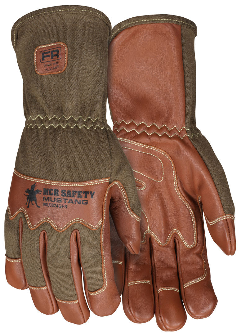 MU3624GFR - Mustang Utility Leather Drivers Work Gloves - Grain Goatskin with Double Palm - DuPont™ Kevlar ® Aramid Lined and Sewn - Nomex ® Back with Wing Thumb - Arc rating of 24.7 cal/cm²