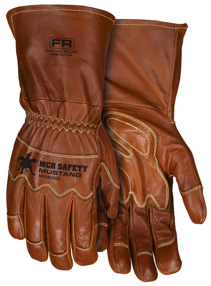 MU3624GK - Mustang Utility Leather Work Gloves - Premium A Grade Grain Goatskin - Double Palm - DuPont™ Kevlar® Aramid Lined and Sewn - Extended Gauntlet Cuff and Wing Thumb - This FR Glove has an Arc Rating of 61.4 cal/cm²
