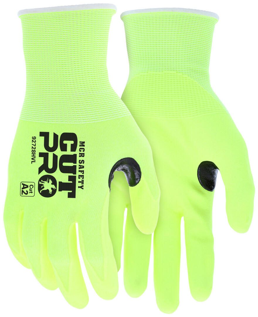 92728HV - MCR Safety CutPro® - 18 Gauge HyperMax® HPPE Shell - Hi Vis Cut Resistant Work Gloves - Nitrile Foam Coated Palm and Fingertips - Reinforced Thumb Crotch