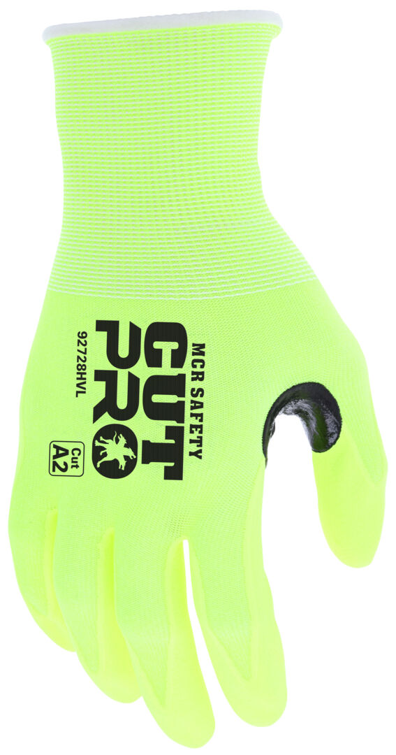 92728HV - MCR Safety CutPro® - 18 Gauge HyperMax® HPPE Shell - Hi Vis Cut Resistant Work Gloves - Nitrile Foam Coated Palm and Fingertips - Reinforced Thumb Crotch