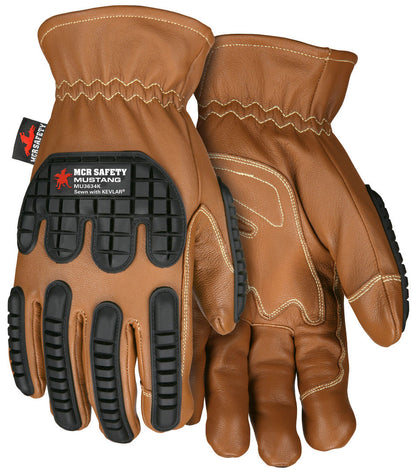 MU3634K - Mustang Utility Leather Drivers Work Gloves - Grain Goatskin - Double Palm - Lined and Sewn with DuPont ™ Kevlar® Aramid - Impact Level 1 Back-of-Hand Protection - This FR Glove has an Arc rating of 61.4 cal/cm²
