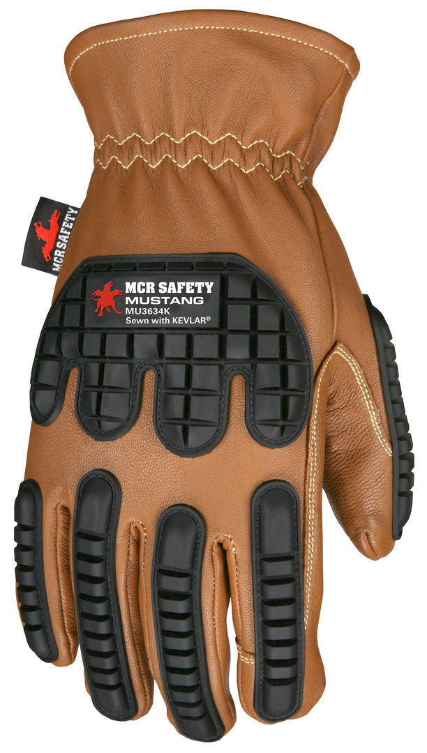 MU3634K - Mustang Utility Leather Drivers Work Gloves - Grain Goatskin - Double Palm - Lined and Sewn with DuPont ™ Kevlar® Aramid - Impact Level 1 Back-of-Hand Protection - This FR Glove has an Arc rating of 61.4 cal/cm²