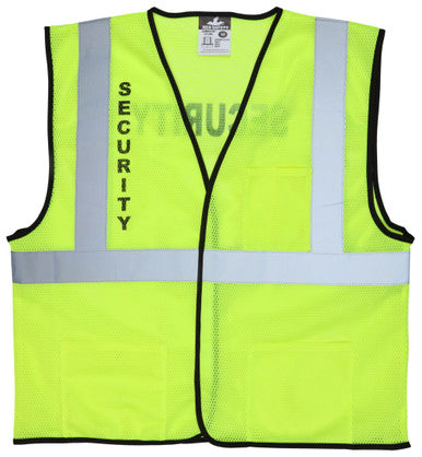 MCR Safety VCL2MLSEC - Hi-Vis Reflective Lime Safety Vest - Mesh Fabric with Hook and Loop Front Closure - Meets ANSI/ISEA 107 2020 Standard - Type R Class 2 Compliant - Pre-Imprinted with Security Logo on Front Chest and Across Back