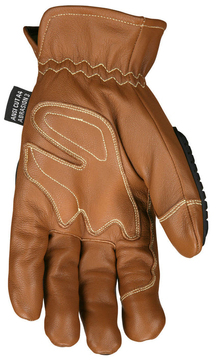 MU3634K - Mustang Utility Leather Drivers Work Gloves - Grain Goatskin - Double Palm - Lined and Sewn with DuPont ™ Kevlar® Aramid - Impact Level 1 Back-of-Hand Protection - This FR Glove has an Arc rating of 61.4 cal/cm²
