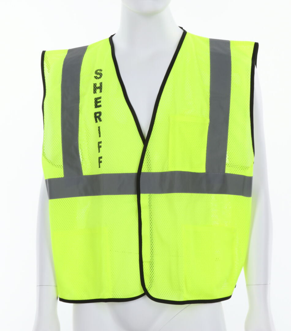 MCR Safety VCL2MLSHF - Hi-Vis Reflective Lime Safety Vest - Mesh Fabric with Hook and Loop Front Closure - Meets ANSI/ISEA 107 2020 Standard - Type R Class 2 Compliant - Pre-Imprinted with Sheriff Logo on Front Chest and Across Back — manufacturer image 2