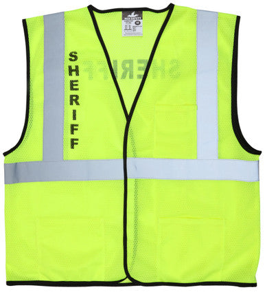 MCR Safety VCL2MLSHF - Hi-Vis Reflective Lime Safety Vest - Mesh Fabric with Hook and Loop Front Closure - Meets ANSI/ISEA 107 2020 Standard - Type R Class 2 Compliant - Pre-Imprinted with Sheriff Logo on Front Chest and Across Back