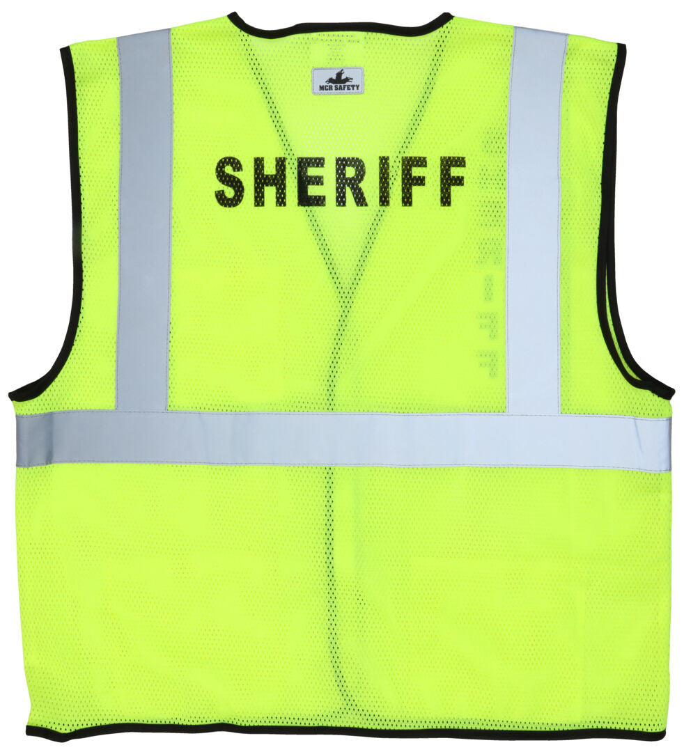 MCR Safety VCL2MLSHF - Hi-Vis Reflective Lime Safety Vest - Mesh Fabric with Hook and Loop Front Closure - Meets ANSI/ISEA 107 2020 Standard - Type R Class 2 Compliant - Pre-Imprinted with Sheriff Logo on Front Chest and Across Back — manufacturer image 3