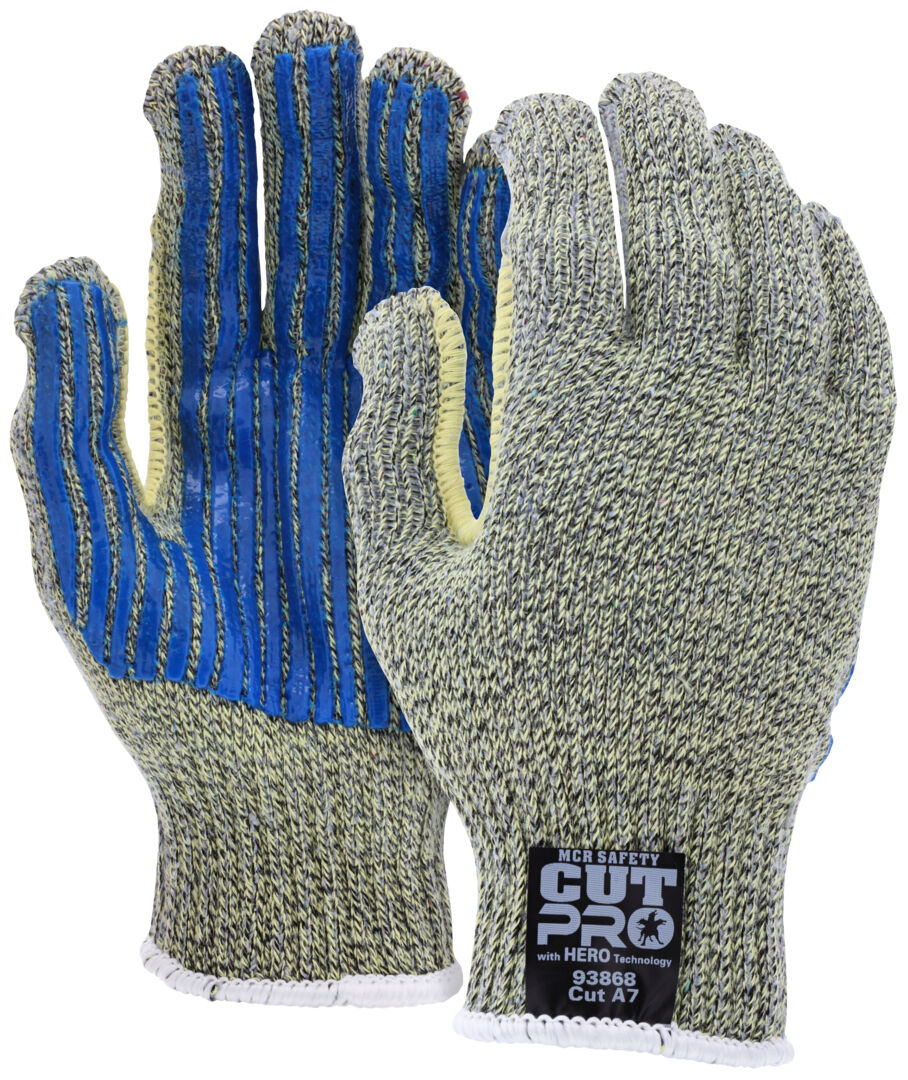 93868 - MCR Safety CutPro® with Hero™ Technology - 7 Gauge Regular Weight Shell - Made with ARX® Aramid Fibers - PVC Striped Palm - Cut Resistant Work Gloves - PVC Stripes add Abrasion Resistance and Gripping Power