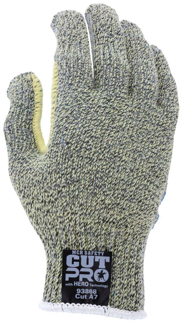 93868 - MCR Safety CutPro® with Hero™ Technology - 7 Gauge Regular Weight Shell - Made with ARX® Aramid Fibers - PVC Striped Palm - Cut Resistant Work Gloves - PVC Stripes add Abrasion Resistance and Gripping Power