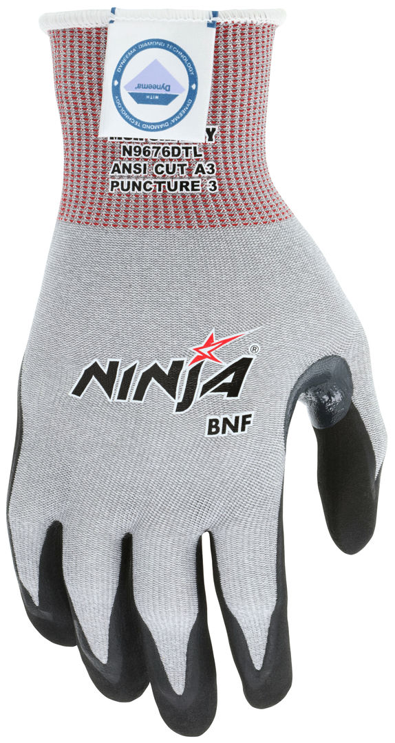 N9676DTS - MCR Safety CutPro® - Ninja BNF Cut Resistant Work Gloves - 15 Gauge Dyneema® Diamond Technology - NFT® Coated Palm and Fingertips - Nitrile Reinforced Thumb Crotch
