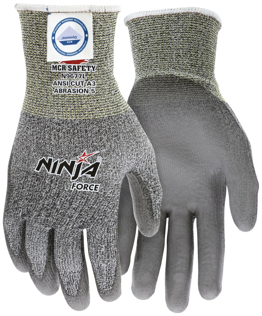 N9677 - MCR Safety CutPro® - Ninja® Force Cut Resistant Work Gloves - 13-Gauge Dyneema® Diamond Technology - PU Coated Palm and Fingertips - Micro-Particle Boosted High Strength Fiber Provides Cool-Touch Comfort and Maximum Durability