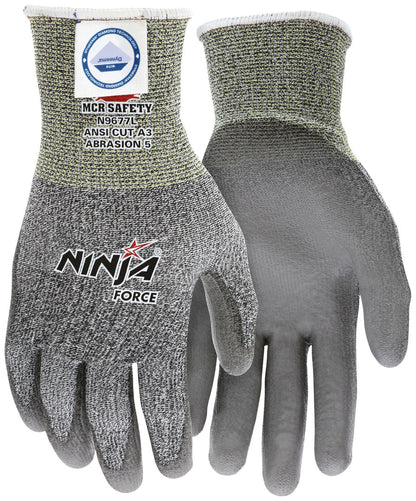 N9677 - MCR Safety CutPro® - Ninja® Force Cut Resistant Work Gloves - 13-Gauge Dyneema® Diamond Technology - PU Coated Palm and Fingertips - Micro-Particle Boosted High Strength Fiber Provides Cool-Touch Comfort and Maximum Durability