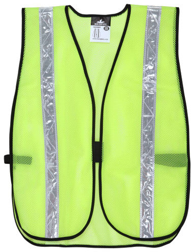 MCR Safety S220WR - Florescent Lime Mesh Safety Vest - 1⅜ Inch White Reflective Stripes - Light Weight Polyester Mesh Fabric - General Purpose, Non-ANSI Rated
