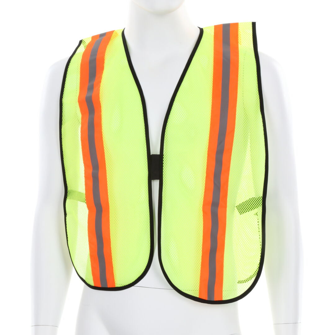 MCR Safety V200R - Fluorescent Lime Mesh Safety Vest - 2 Inch Orange Silver Reflective Stripes - Light Weight Polyester Mesh Fabric - General Purpose, Non-ANSI Rated — manufacturer image 2