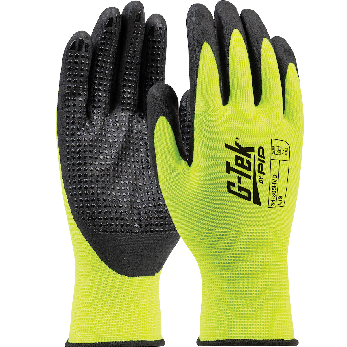 G-Tek® Seamless Knit Hi-Vis Polyester Glove with Nitrile Coated Foam Grip on Palm & Fingers - 15 Gauge - Micro Dotted Grip