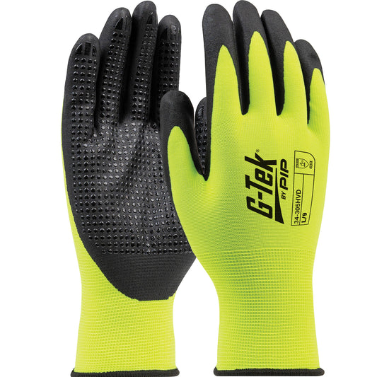 G-Tek® Seamless Knit Hi-Vis Polyester Glove with Nitrile Coated Foam Grip on Palm & Fingers - 15 Gauge - Micro Dotted Grip