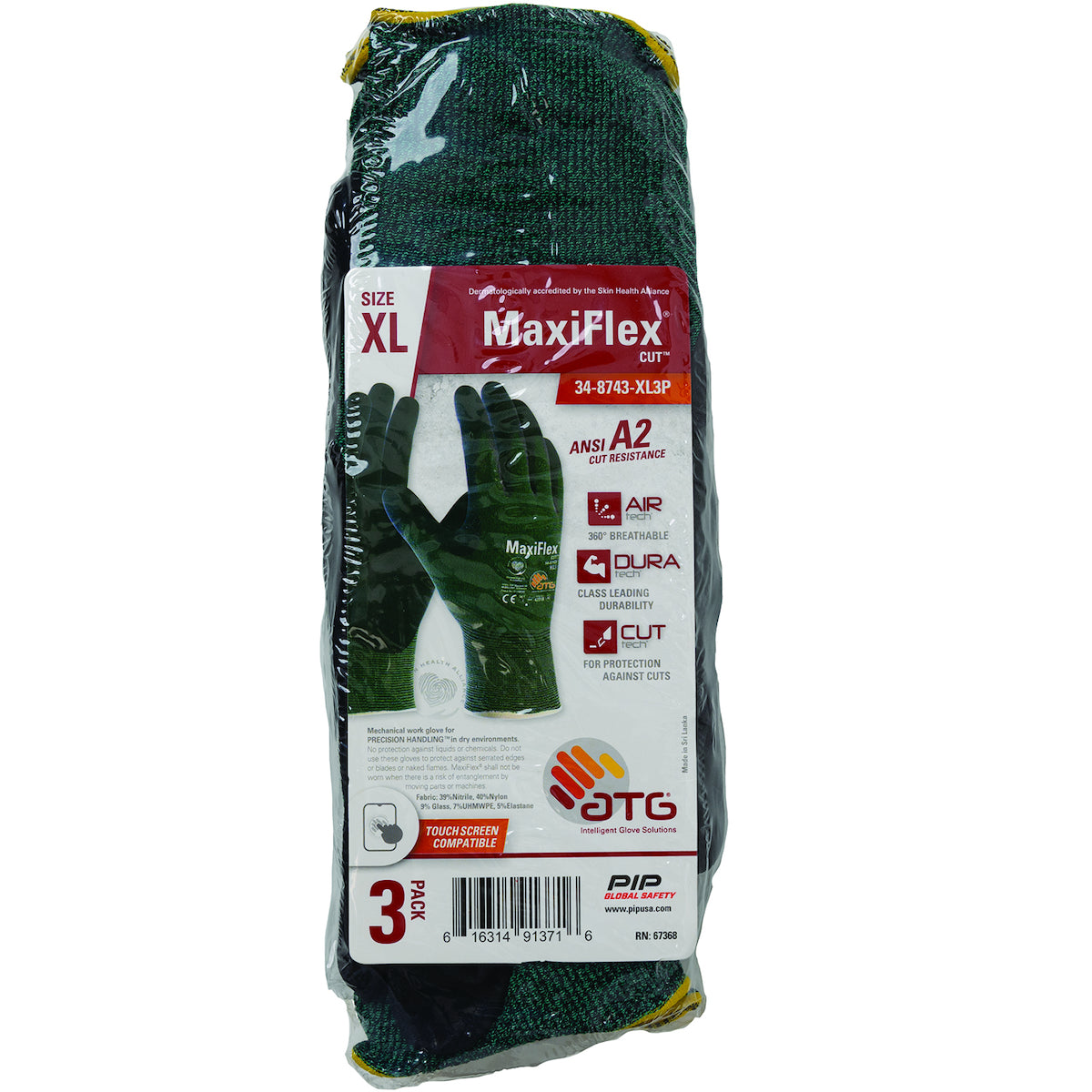 ATG 34-8743-3P – Seamless Knit A2 Engineered Yarn Glove with Premium Nitrile Coated MicroFoam Grip on Palm & Fingers - 3-Pair Pack - Touchscreen
