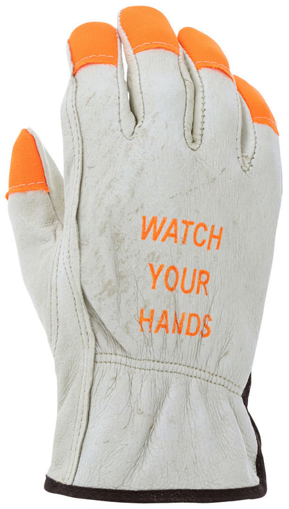Grain Pigskin Driver Gloves, Hi-Vis Orange, Keystone Thumb