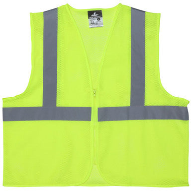 MCR Safety V2CL2MLZ - Hi-Vis Reflective Lime Safety Vest - Meets ANSI/ISEA 107 2020 Standard - Type R Class 2 Compliant - Breathable Mesh Fabric with 2 Inch Silver Stripes - Zipper Front Closure