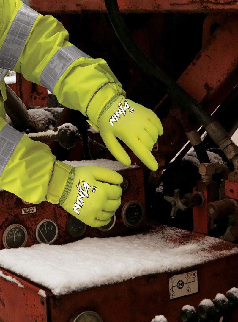 N9690HV - Ninja® Ice Insulated Work Gloves - Hi-Vis 15 Gauge Lime Nylon Shell - Acrylic Terry Interior - Over-The-Knuckle Coated with HPT - Acrylic Terry Liner Keeps Hands Warm - HPT Repels Liquids for Wet or Dry Grip