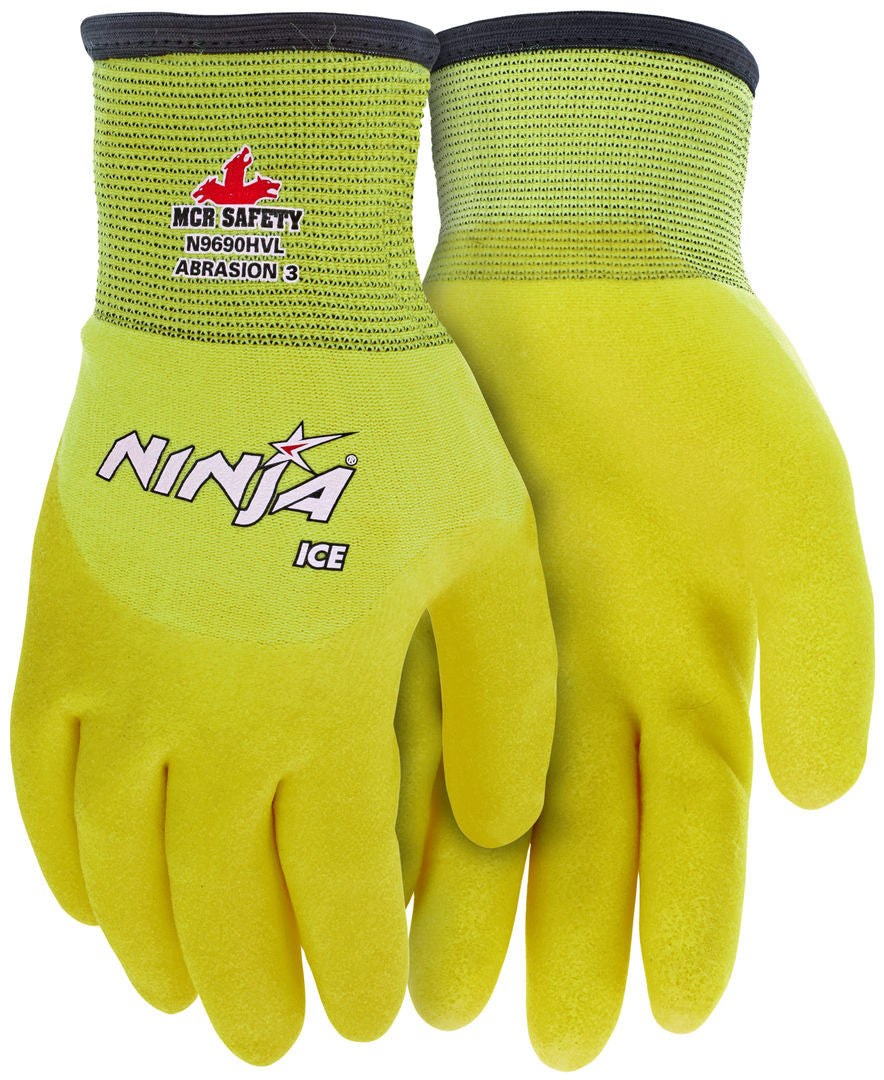 N9690HV - Ninja® Ice Insulated Work Gloves - Hi-Vis 15 Gauge Lime Nylon Shell - Acrylic Terry Interior - Over-The-Knuckle Coated with HPT - Acrylic Terry Liner Keeps Hands Warm - HPT Repels Liquids for Wet or Dry Grip