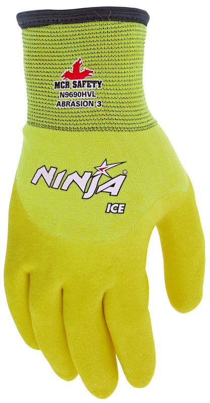 N9690HV - Ninja® Ice Insulated Work Gloves - Hi-Vis 15 Gauge Lime Nylon Shell - Acrylic Terry Interior - Over-The-Knuckle Coated with HPT - Acrylic Terry Liner Keeps Hands Warm - HPT Repels Liquids for Wet or Dry Grip