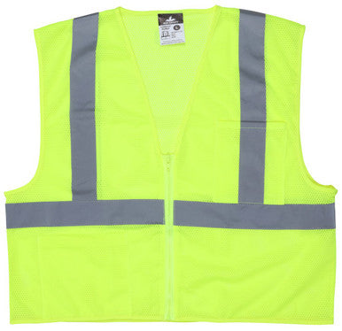 MCR Safety CL2MLP - Hi-Vis Lime Safety Vest - 2 Inch Silver Reflective Stripes - Meets ANSI/ISEA 107 Hi-Visibility Standards - Type R Class 2 Compliant - Breathable Safety Vest with Mesh Fabric - Dielectric Zipper Front Closure