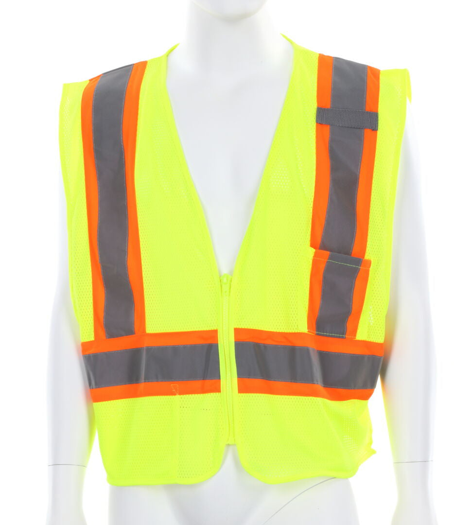 MCR Safety VWCCL2LFR - Luminator® Series - Hi-Vis Reflective Lime Safety Vest - 3.5 Inch Orange Silver Stripes - Meets ANSI/ISEA 107 2020 Standard - Type R Class 2 Compliant - Limited Flammability - Dielectric / Non-Conductive - Zipper Front Closure — manufacturer image 2