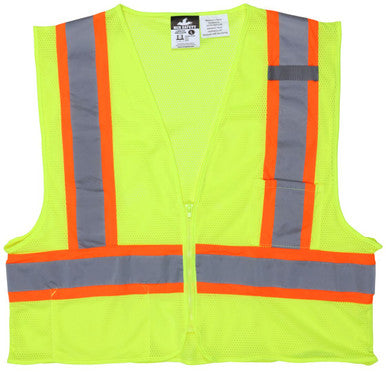 MCR Safety VWCCL2LFR - Luminator® Series - Hi-Vis Reflective Lime Safety Vest - 3.5 Inch Orange Silver Stripes - Meets ANSI/ISEA 107 2020 Standard - Type R Class 2 Compliant - Limited Flammability - Dielectric / Non-Conductive - Zipper Front Closure