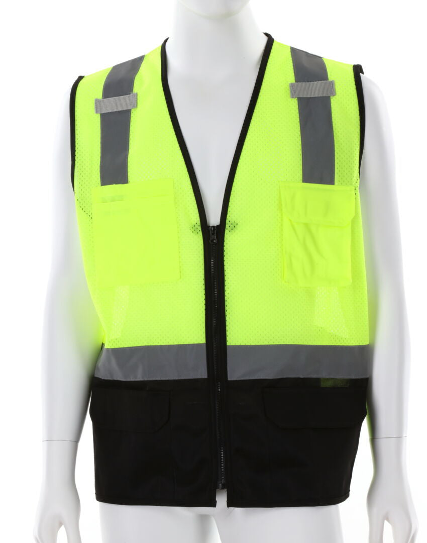 MCR Safety CL2MLSZ - Hi-Vis Lime Safety Vest - 2 Inch Silver Reflective Stripes - Zipper Front - Black Trim Meets ANSI/ISEA 107 2020 Standard - Type R Class 2 Compliant - Black Fabric on Lower Front Torso — manufacturer image 2