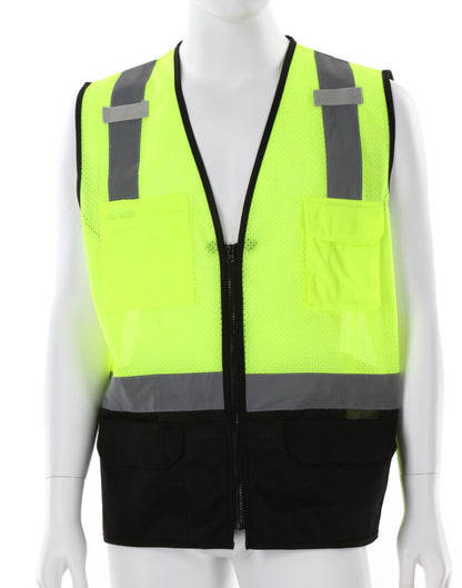 MCR Safety CL2MLSZ - Hi-Vis Lime Safety Vest - 2 Inch Silver Reflective Stripes - Zipper Front - Black Trim Meets ANSI/ISEA 107 2020 Standard - Type R Class 2 Compliant - Black Fabric on Lower Front Torso — manufacturer image 2