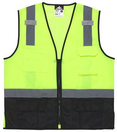 MCR Safety CL2MLSZ - Hi-Vis Lime Safety Vest - 2 Inch Silver Reflective Stripes - Zipper Front - Black Trim Meets ANSI/ISEA 107 2020 Standard - Type R Class 2 Compliant - Black Fabric on Lower Front Torso