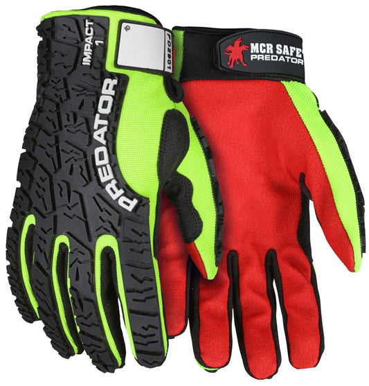 PD2901 - Predator® Mechanics Work Gloves - Textured PVC Coated Synthetic Palm - High Visibility Spandex Back - Back-of-Hand Impact Protection - Reinforced Thumb Crotch - Patented Design Tire Tread TPR on the Back of the Hand