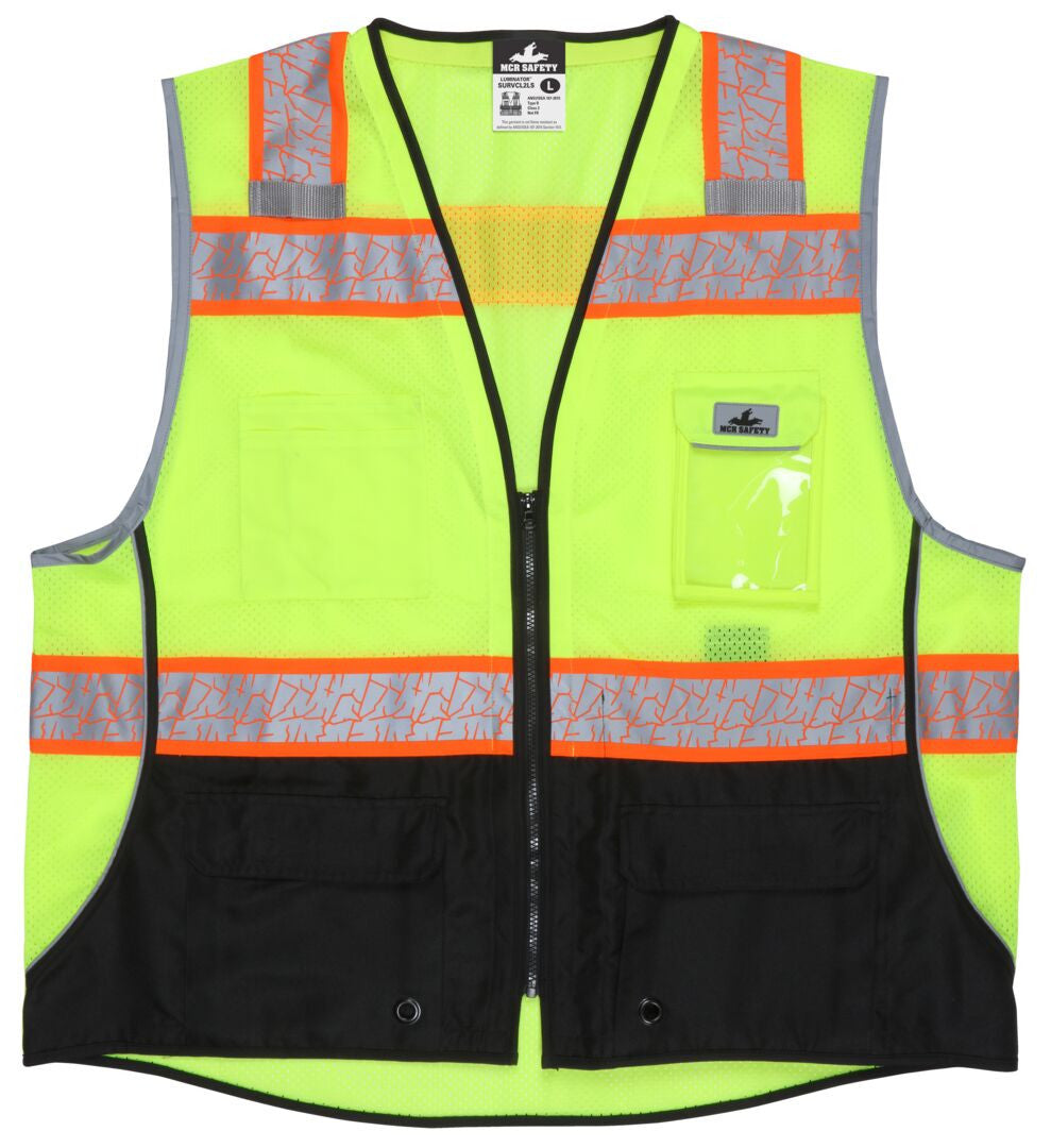 SURVCL2LS - Hi-Vis Reflective Lime Safety Vest - Trimmed with Silver Reflective Binding - Meets ANSI/ISEA 107 2020 Standard - Type R Class 2 Compliant - Zippered Front Closure - Surveyor Vest with 6 Pockets