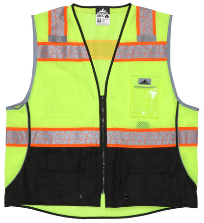 SURVCL2LS - Hi-Vis Reflective Lime Safety Vest - Trimmed with Silver Reflective Binding - Meets ANSI/ISEA 107 2020 Standard - Type R Class 2 Compliant - Zippered Front Closure - Surveyor Vest with 6 Pockets