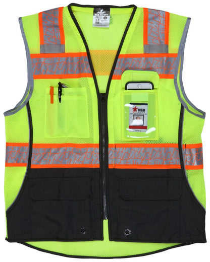 SURVCL2LS - Hi-Vis Reflective Lime Safety Vest - Trimmed with Silver Reflective Binding - Meets ANSI/ISEA 107 2020 Standard - Type R Class 2 Compliant - Zippered Front Closure - Surveyor Vest with 6 Pockets