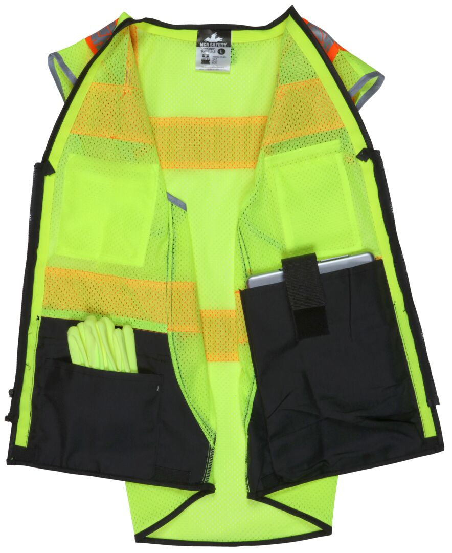 SURVCL2LS - Hi-Vis Reflective Lime Safety Vest - Trimmed with Silver Reflective Binding - Meets ANSI/ISEA 107 2020 Standard - Type R Class 2 Compliant - Zippered Front Closure - Surveyor Vest with 6 Pockets