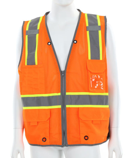 MCR Safety SURVCL2O - Hi-Vis Mesh Reflective Orange Safety Vest - Trimmed with Silver Reflective BInding - Meets ANSI/ISEA 107 2020 Standard - Type R Class 2 Compliant - Zippered Front Closure - Surveyor Safety Vest with 6 Pockets — manufacturer image 2