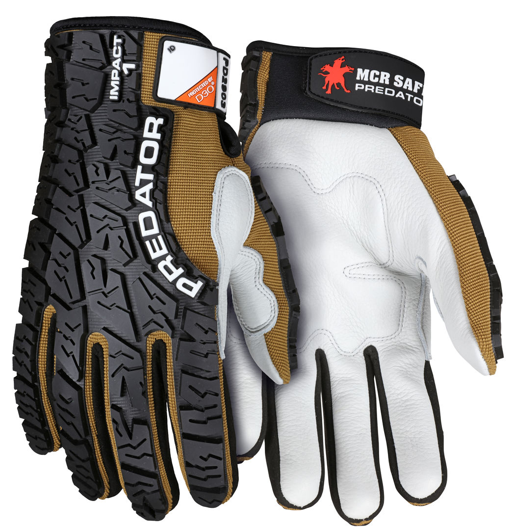 PD2903 - Predator® Mechanics Work Gloves - Premium Cow Grain Leather Palm - D3O® Foam Padded Palm - Tire Tread Pattern TPR Back Back-of-Hand - Reinforced Thumb Crotch - Patented Tire Tread TPR on the Back of the Hand
