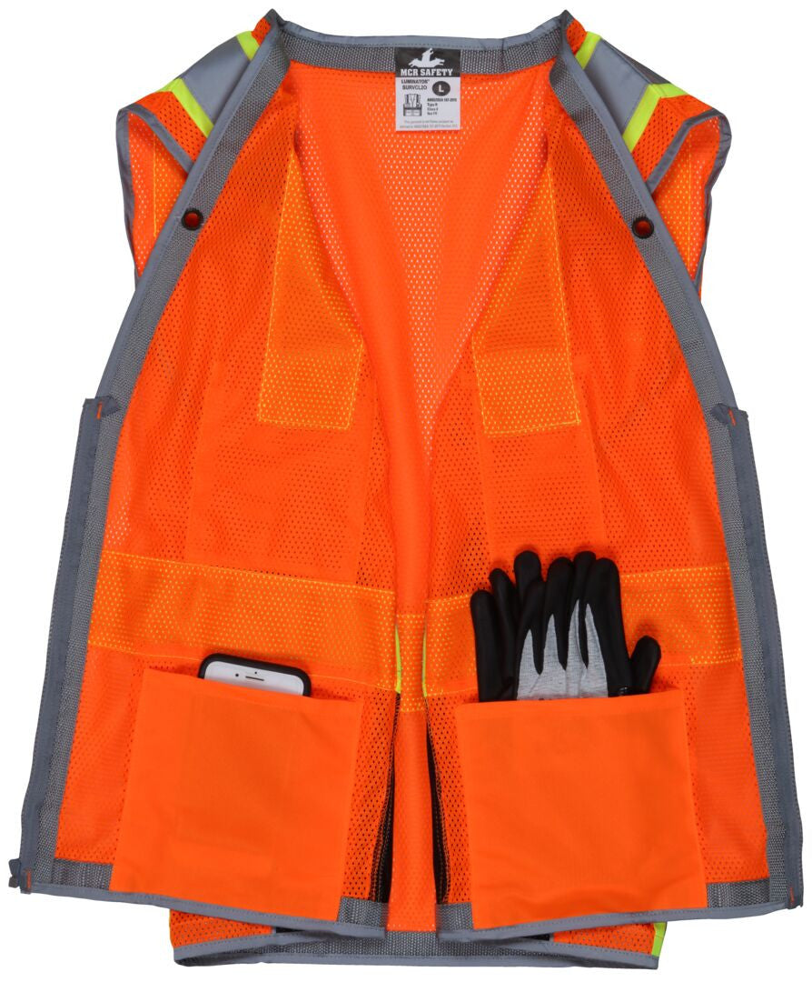 MCR Safety SURVCL2O - Hi-Vis Mesh Reflective Orange Safety Vest - Trimmed with Silver Reflective BInding - Meets ANSI/ISEA 107 2020 Standard - Type R Class 2 Compliant - Zippered Front Closure - Surveyor Safety Vest with 6 Pockets — manufacturer image 4