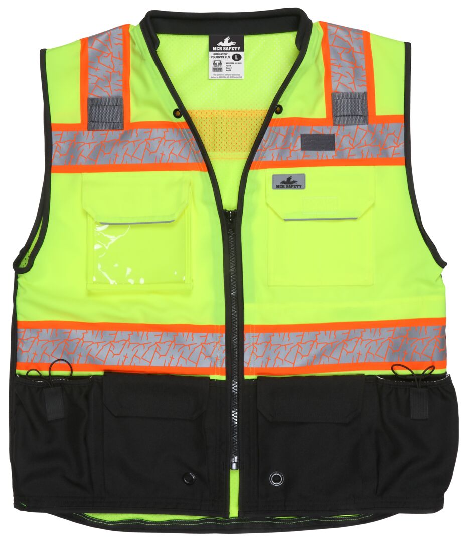 PSURVCL2LS - Premium Hi-Vis Reflective Safety Vest - Zippered Front Closure with Solid Front & Mesh Back - Meets ANSI/ISEA 107 2020 Standard - Type R Class 2 Compliant