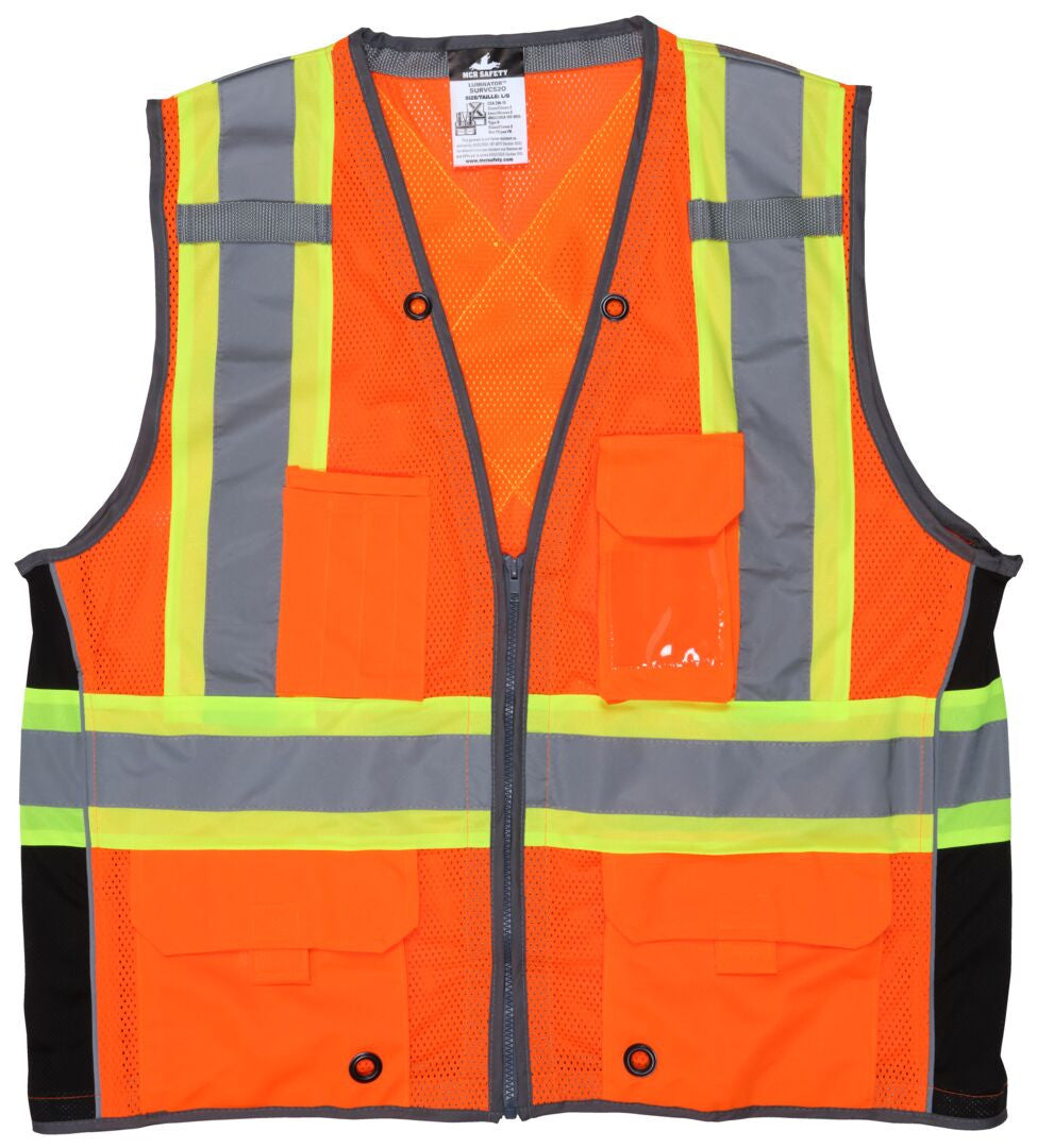 SURVCS2O - Hi-Vis Reflective Orange Safety Vest Mesh Fabric with 3-Inch Lime Silver Stripes ANSI/ISEA 107 2020 Type R Class 2 CSA Z96 Class 2 Compliant Zipper Front Closure Surveyor Safety Vest with 6 Pockets