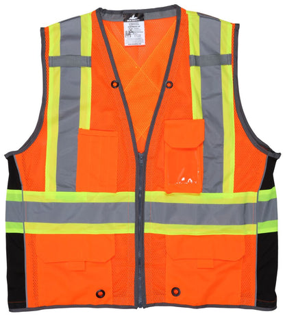 SURVCS2O - Hi-Vis Reflective Orange Safety Vest Mesh Fabric with 3-Inch Lime Silver Stripes ANSI/ISEA 107 2020 Type R Class 2 CSA Z96 Class 2 Compliant Zipper Front Closure Surveyor Safety Vest with 6 Pockets