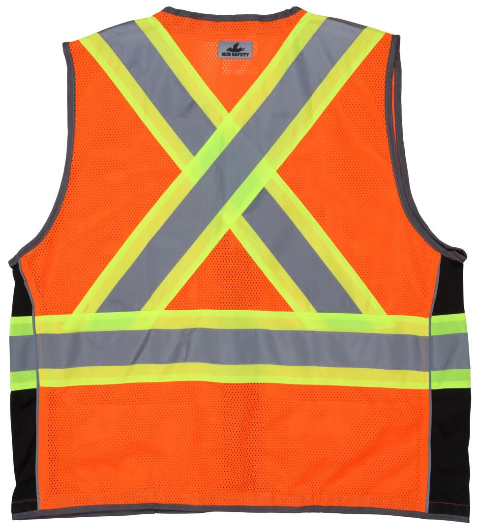 SURVCS2O - Hi-Vis Reflective Orange Safety Vest Mesh Fabric with 3-Inch Lime Silver Stripes ANSI/ISEA 107 2020 Type R Class 2 CSA Z96 Class 2 Compliant Zipper Front Closure Surveyor Safety Vest with 6 Pockets
