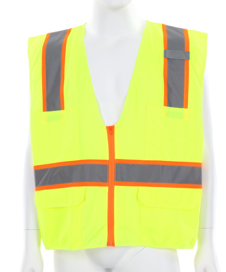 MCR Safety SURVL - Hi-Vis Reflective Lime Safety Vest - Meets ANSI/ISEA 107 2020 Standard - Type R Class 2 Compliant - Solid Fabric with 3-Inch Orange Silver Stripes - Zipper Front Closure - Surveyor Safety Vest with 6 Pockets — manufacturer image 2