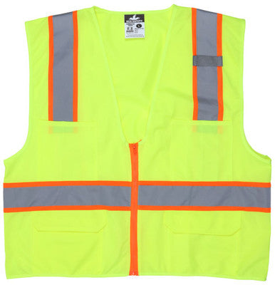 MCR Safety SURVL - Hi-Vis Reflective Lime Safety Vest - Meets ANSI/ISEA 107 2020 Standard - Type R Class 2 Compliant - Solid Fabric with 3-Inch Orange Silver Stripes - Zipper Front Closure - Surveyor Safety Vest with 6 Pockets