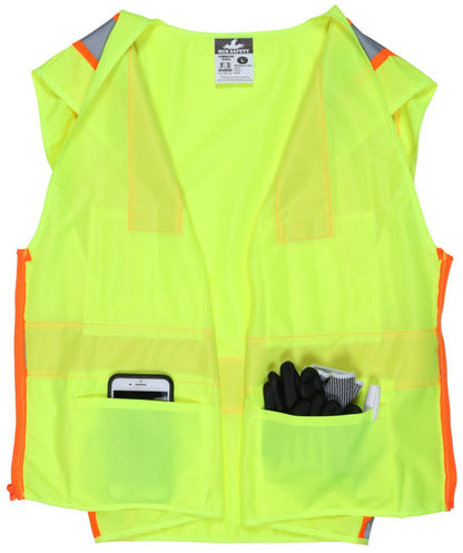 MCR Safety SURVL - Hi-Vis Reflective Lime Safety Vest - Meets ANSI/ISEA 107 2020 Standard - Type R Class 2 Compliant - Solid Fabric with 3-Inch Orange Silver Stripes - Zipper Front Closure - Surveyor Safety Vest with 6 Pockets — manufacturer image 4