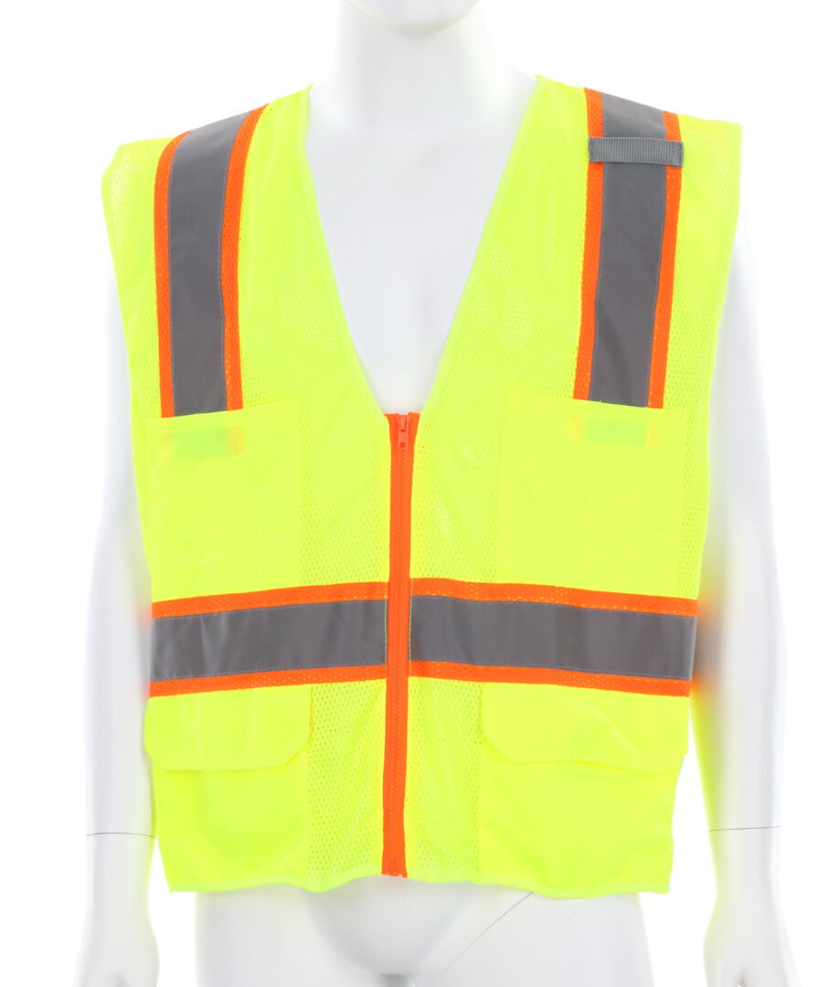 MCR Safety SURVML - Hi-Vis Reflective Lime Safety Vest - Meets ANSI/ISEA 107 2020 Standard - Type R Class 2 Compliant - Mesh Fabric with 3-Inch Orange Silver Stripes - Zipper Front Closure - Surveyor Safety Vest with 6 Pockets — manufacturer image 2