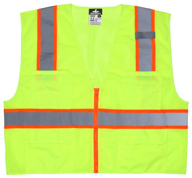 MCR Safety SURVML - Hi-Vis Reflective Lime Safety Vest - Meets ANSI/ISEA 107 2020 Standard - Type R Class 2 Compliant - Mesh Fabric with 3-Inch Orange Silver Stripes - Zipper Front Closure - Surveyor Safety Vest with 6 Pockets